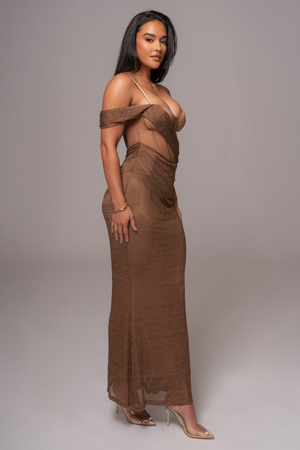 Bronze Metallic Corset Maxi Dress