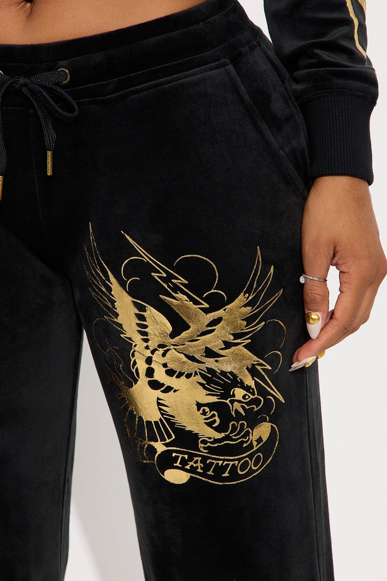 Ed Hardy Tattoo Gold Eagle Velour Pant Set - Black