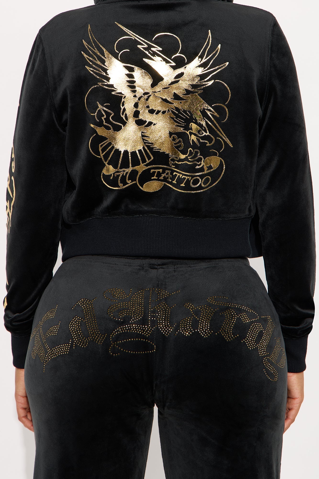 Ed Hardy Tattoo Gold Eagle Velour Pant Set - Black