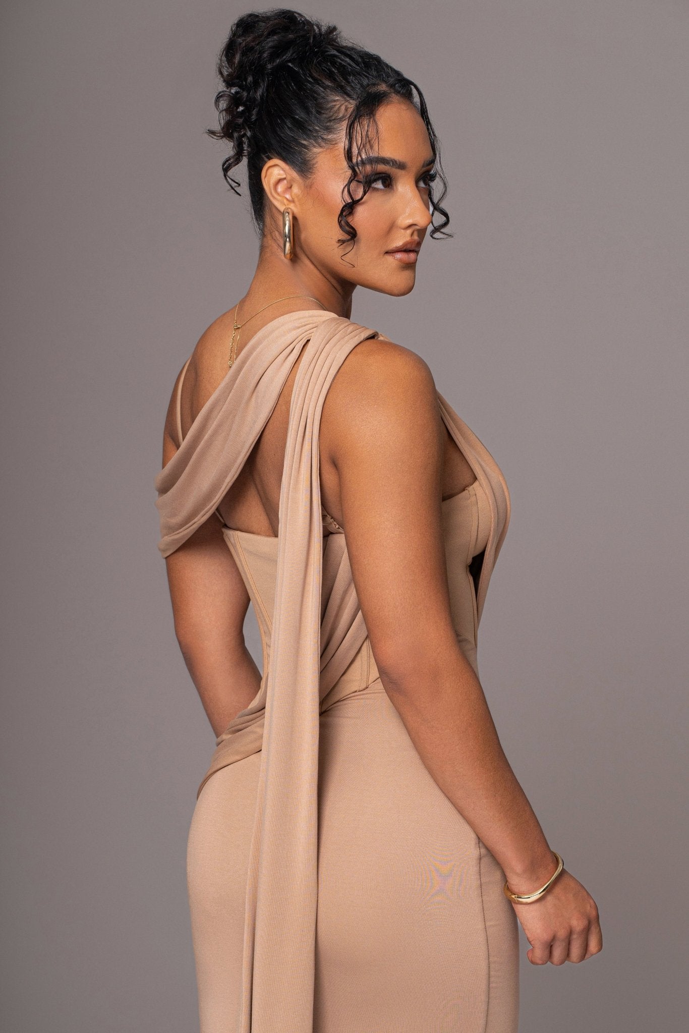 Taupe Grand Entrance Drape Dress